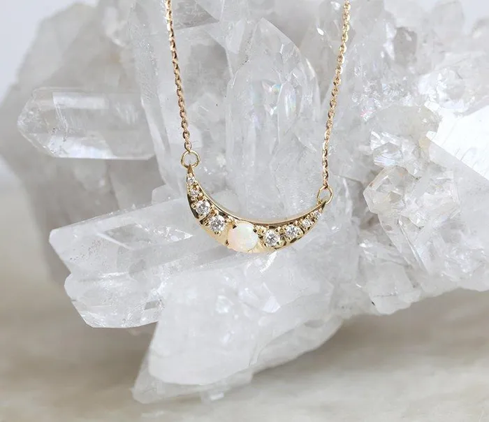 Gold Crescent Moon Necklace with Opal and Side Diamonds Capucinne Necklaces