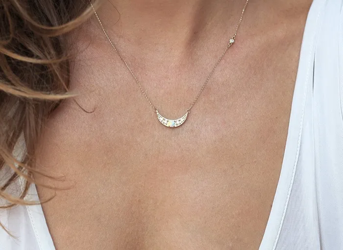 Gold Crescent Moon Necklace with Opal and Side Diamonds Capucinne Necklaces