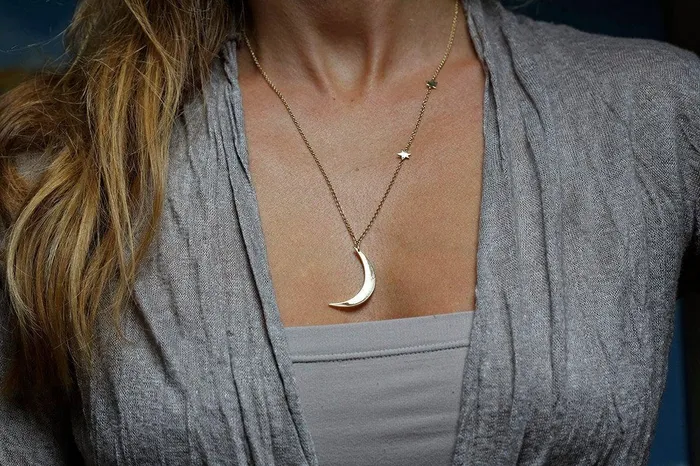 Necklaces Capucinne 14k Gold Crescent Moon Necklace with Bohemian Stars