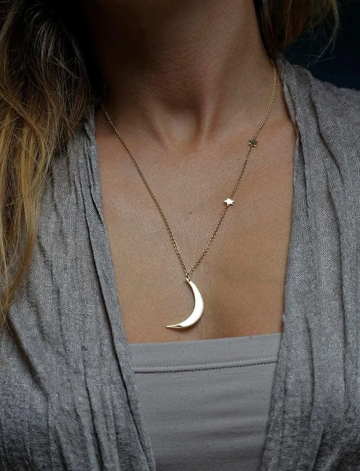 Necklaces Capucinne 14k Gold Crescent Moon Necklace with Bohemian Stars