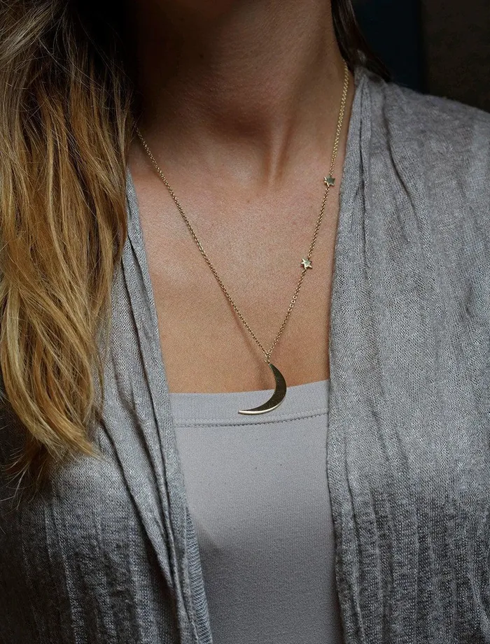 Necklaces Capucinne 14k Gold Crescent Moon Necklace with Bohemian Stars