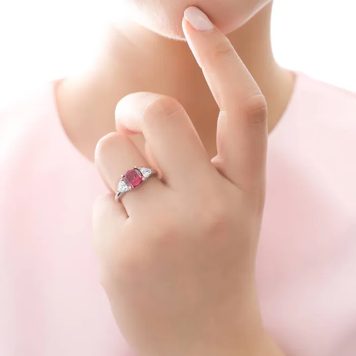 Rings BERRICLE 3Stone 3ct Simulated Ruby Cushion CZ Ring in Sterling Silver