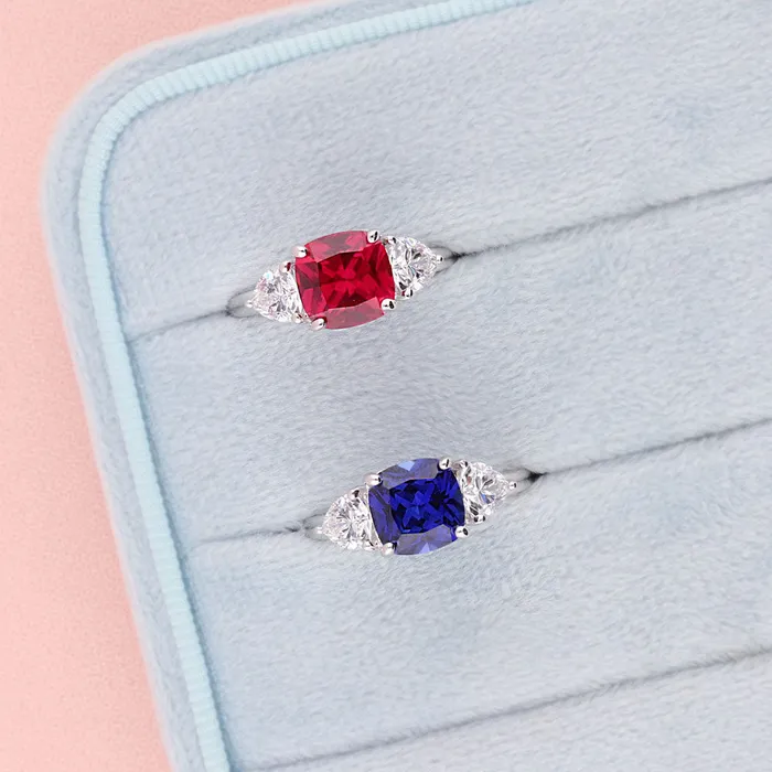 Rings BERRICLE 3Stone 3ct Simulated Ruby Cushion CZ Ring in Sterling Silver