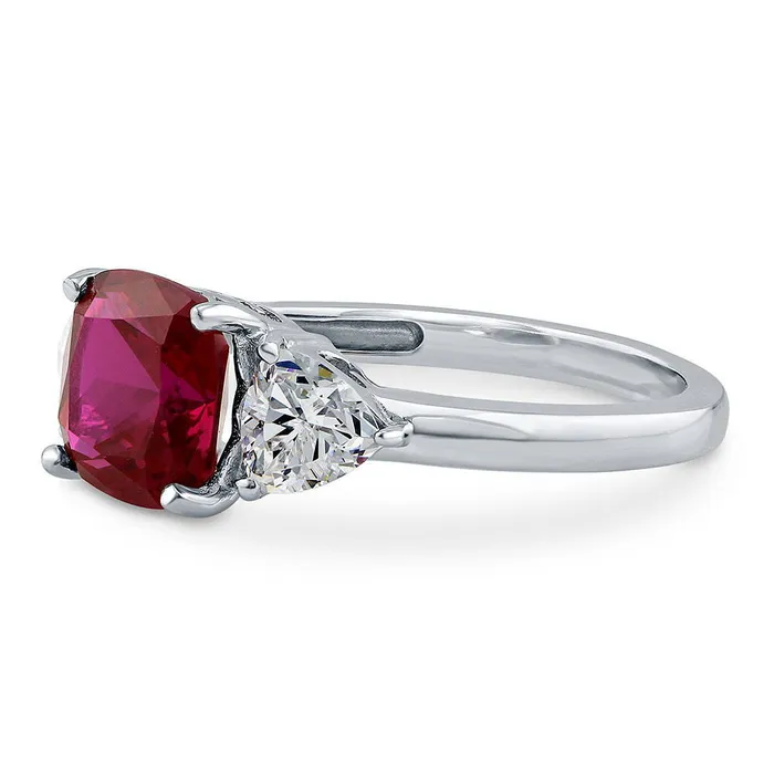 Rings BERRICLE 3Stone 3ct Simulated Ruby Cushion CZ Ring in Sterling Silver