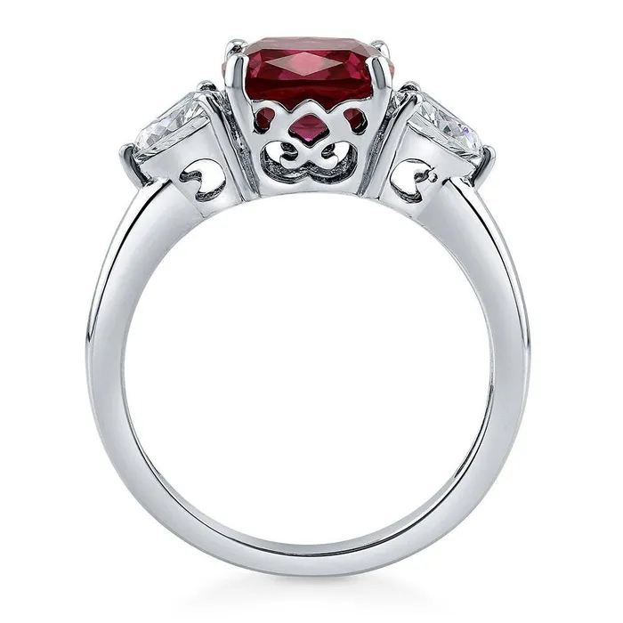Rings BERRICLE 3Stone 3ct Simulated Ruby Cushion CZ Ring in Sterling Silver