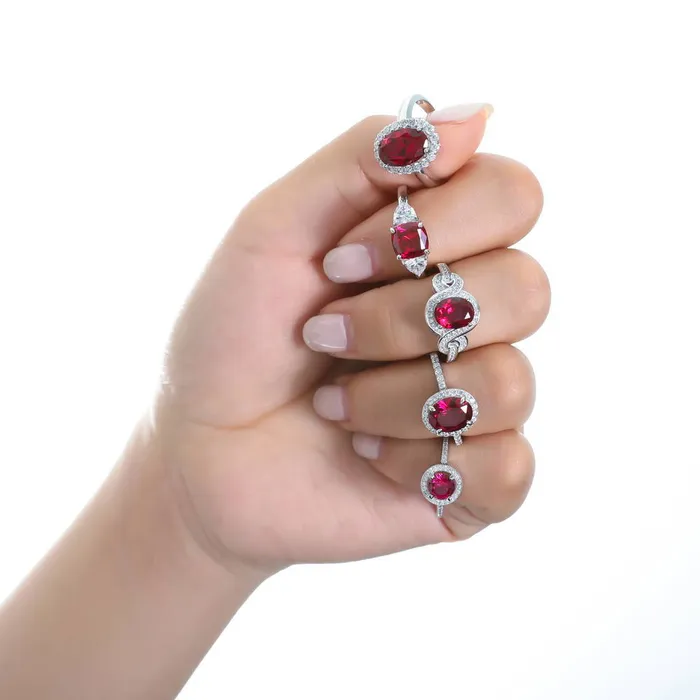 Rings BERRICLE 3Stone 3ct Simulated Ruby Cushion CZ Ring in Sterling Silver