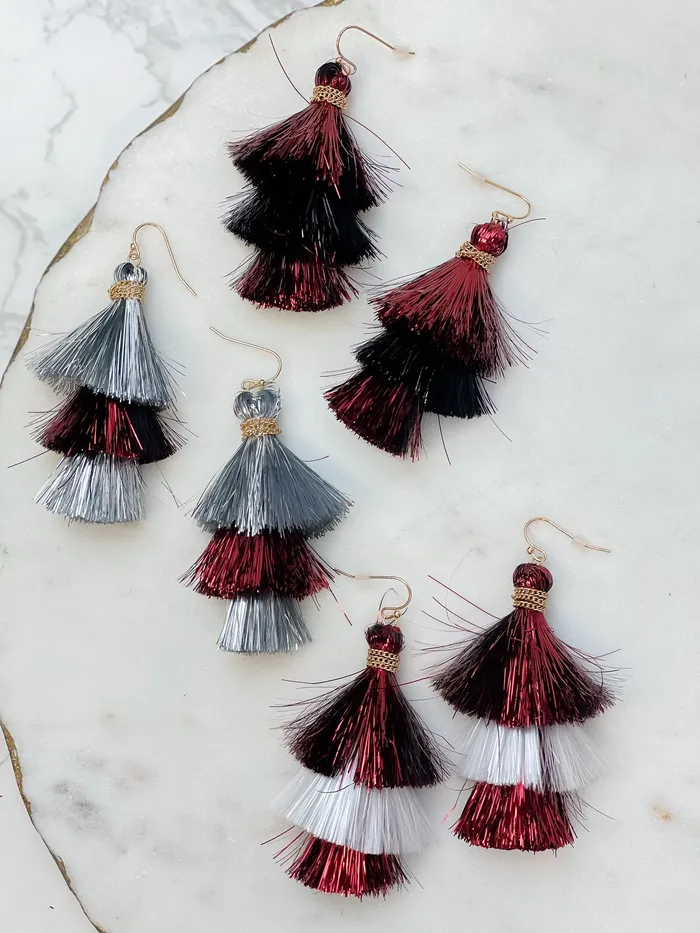 Tinsel Tiered Tassel Earrings Silver Burgundy Prep Obsessed RNK Earrings